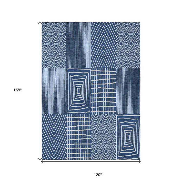 10' X 14' Navy Blue And Ivory Geometric Washable Indoor Outdoor Area Rug