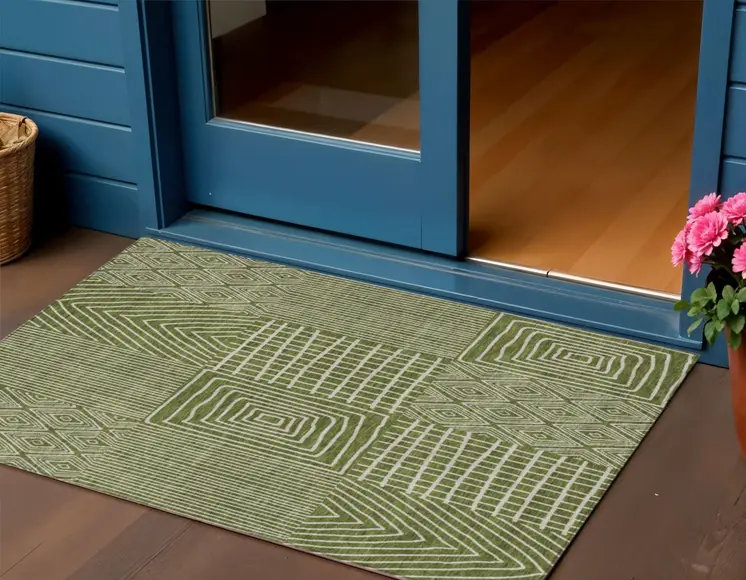 3' X 5' Olive Green And Beige Geometric Washable Indoor Outdoor Area Rug