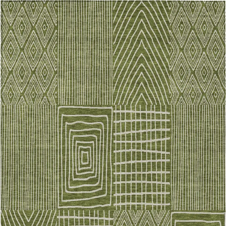 5' X 8' Olive Green And Beige Geometric Washable Indoor Outdoor Area Rug