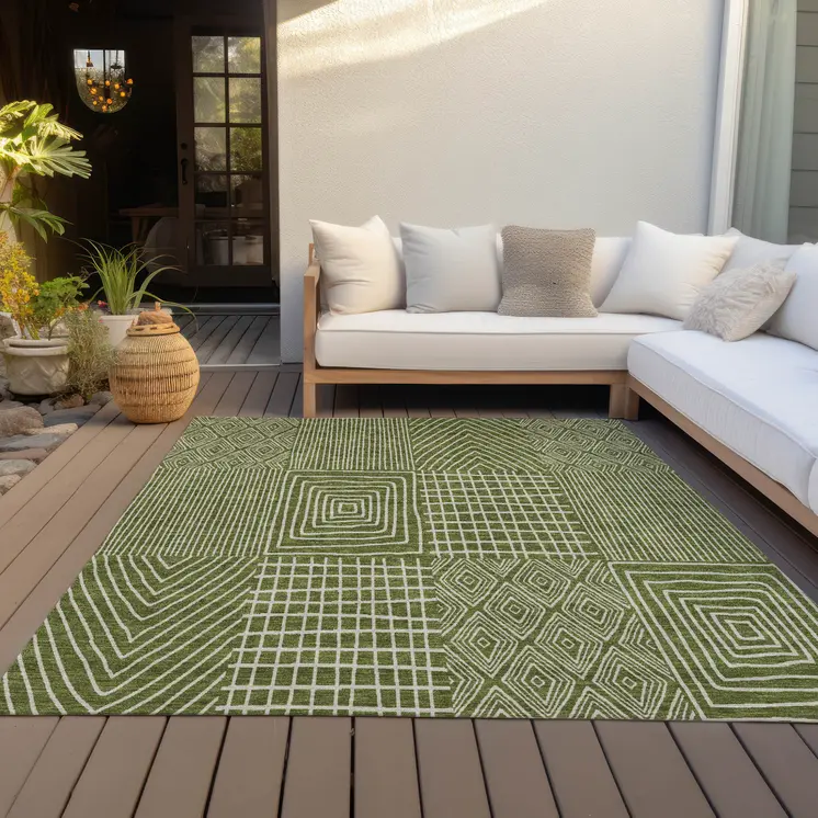 5' X 8' Olive Green And Beige Geometric Washable Indoor Outdoor Area Rug