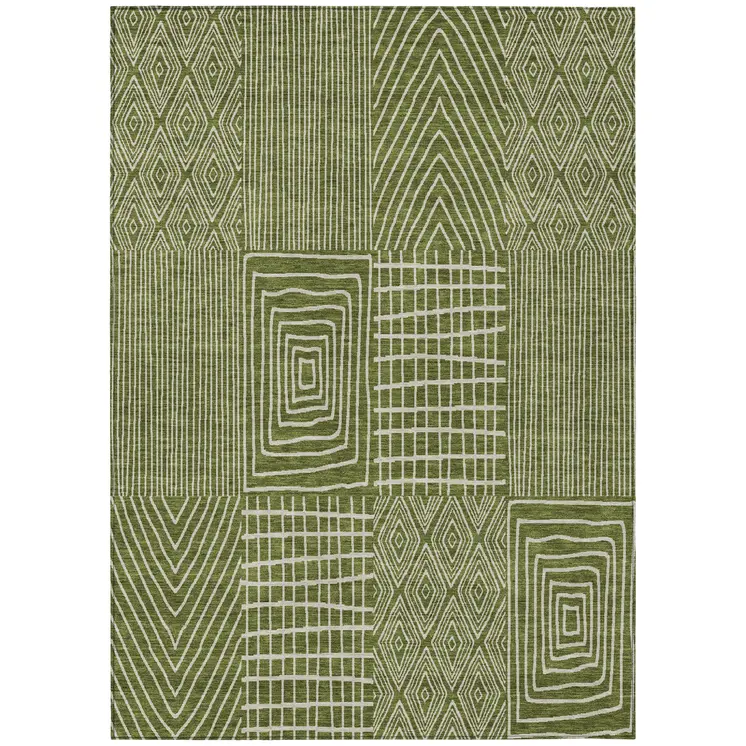 5' X 8' Olive Green And Beige Geometric Washable Indoor Outdoor Area Rug
