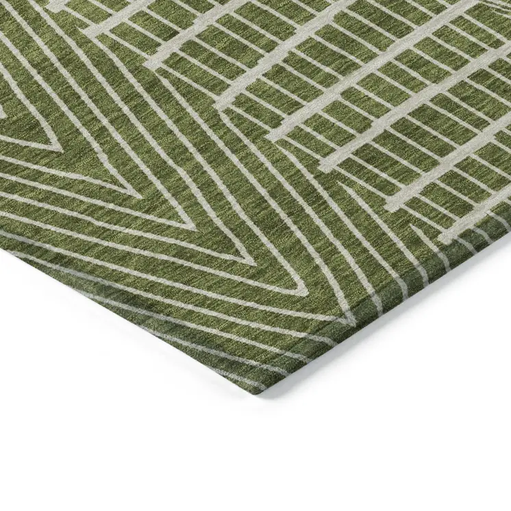 5' X 8' Olive Green And Beige Geometric Washable Indoor Outdoor Area Rug