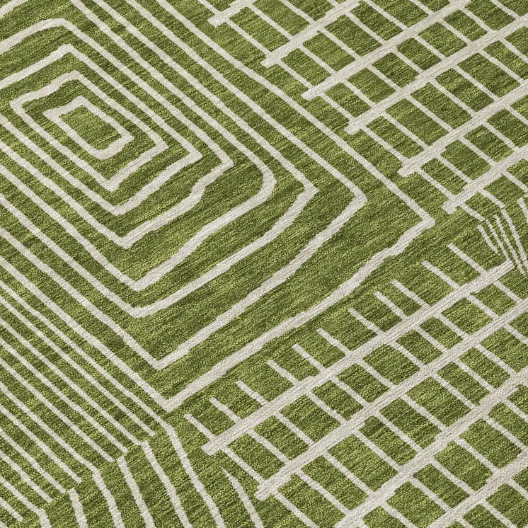 5' X 8' Olive Green And Beige Geometric Washable Indoor Outdoor Area Rug