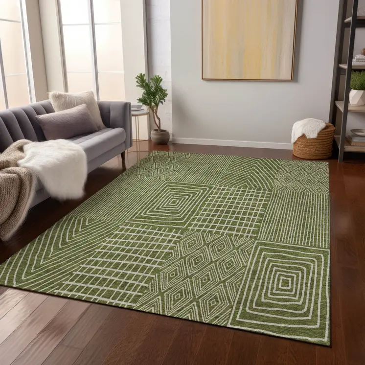 5' X 8' Olive Green And Beige Geometric Washable Indoor Outdoor Area Rug