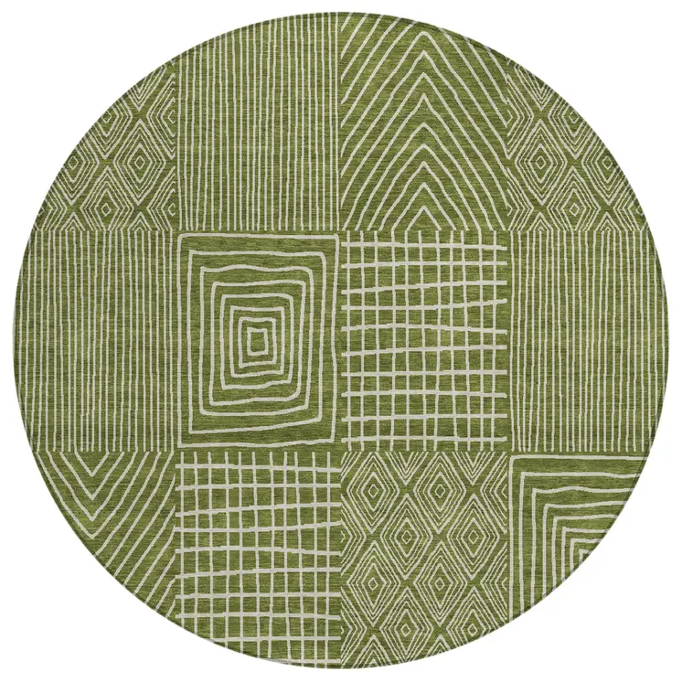 8' Olive Green And Beige Round Geometric Washable Indoor Outdoor Area Rug