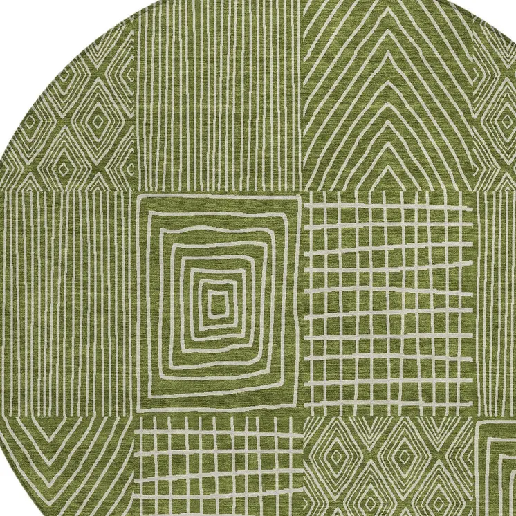 8' Olive Green And Beige Round Geometric Washable Indoor Outdoor Area Rug