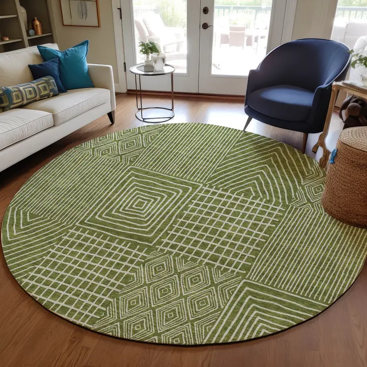 8' Olive Green And Beige Round Geometric Washable Indoor Outdoor Area Rug