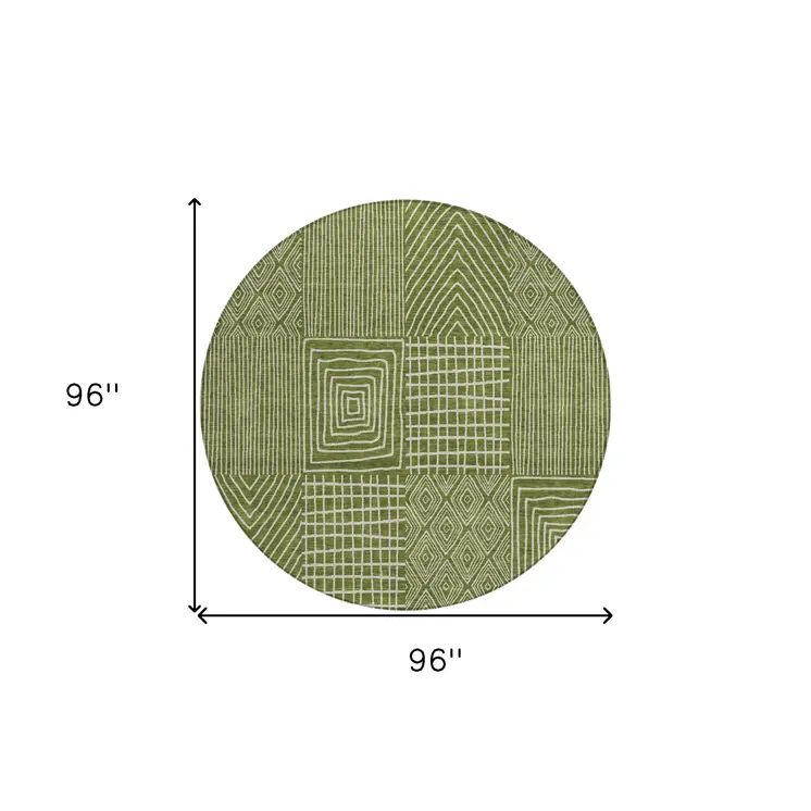 8' Olive Green And Beige Round Geometric Washable Indoor Outdoor Area Rug
