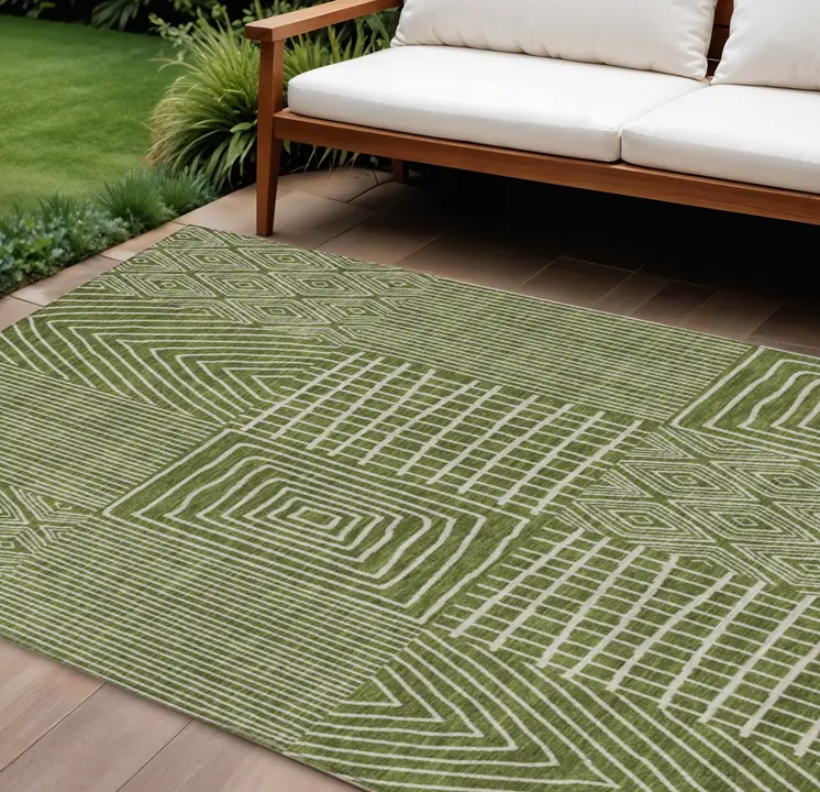 8' X 10' Olive Green And Beige Geometric Washable Indoor Outdoor Area Rug