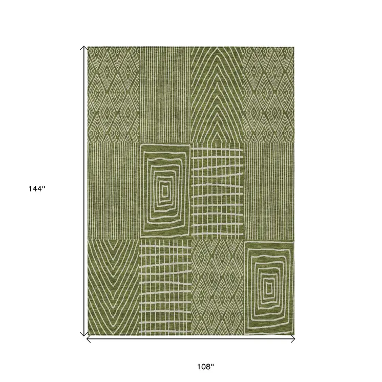 9' X 12' Olive Green And Beige Geometric Washable Indoor Outdoor Area Rug