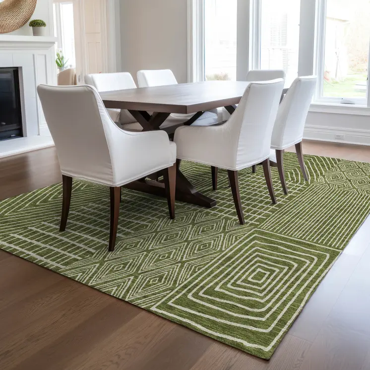 9' X 12' Olive Green And Beige Geometric Washable Indoor Outdoor Area Rug