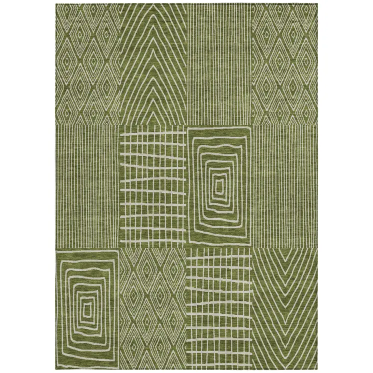 10' X 14' Olive Green And Beige Geometric Washable Indoor Outdoor Area Rug