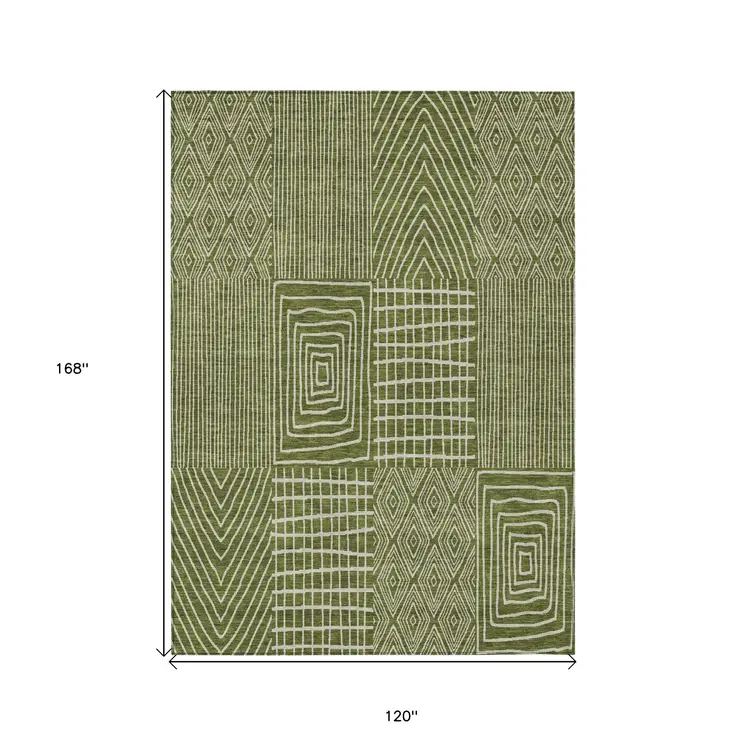 10' X 14' Olive Green And Beige Geometric Washable Indoor Outdoor Area Rug
