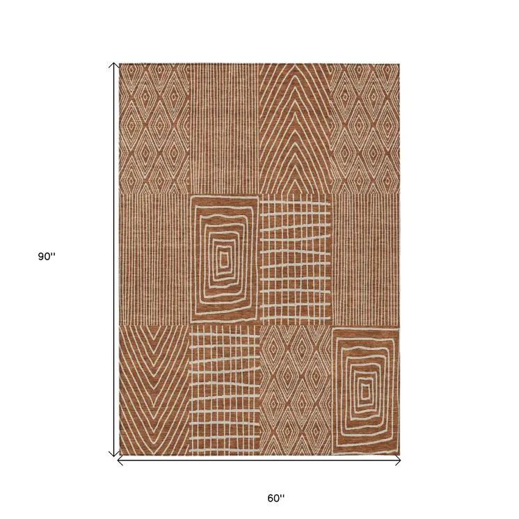 5' X 8' Brown And Beige Geometric Washable Indoor Outdoor Area Rug