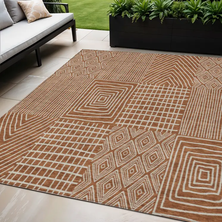 5' X 8' Brown And Beige Geometric Washable Indoor Outdoor Area Rug