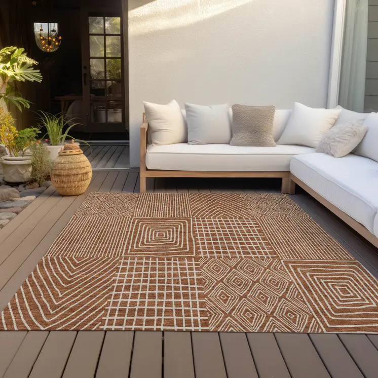 5' X 8' Brown And Beige Geometric Washable Indoor Outdoor Area Rug