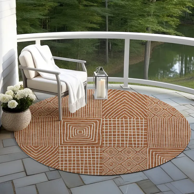 8' Brown And Beige Round Geometric Washable Indoor Outdoor Area Rug