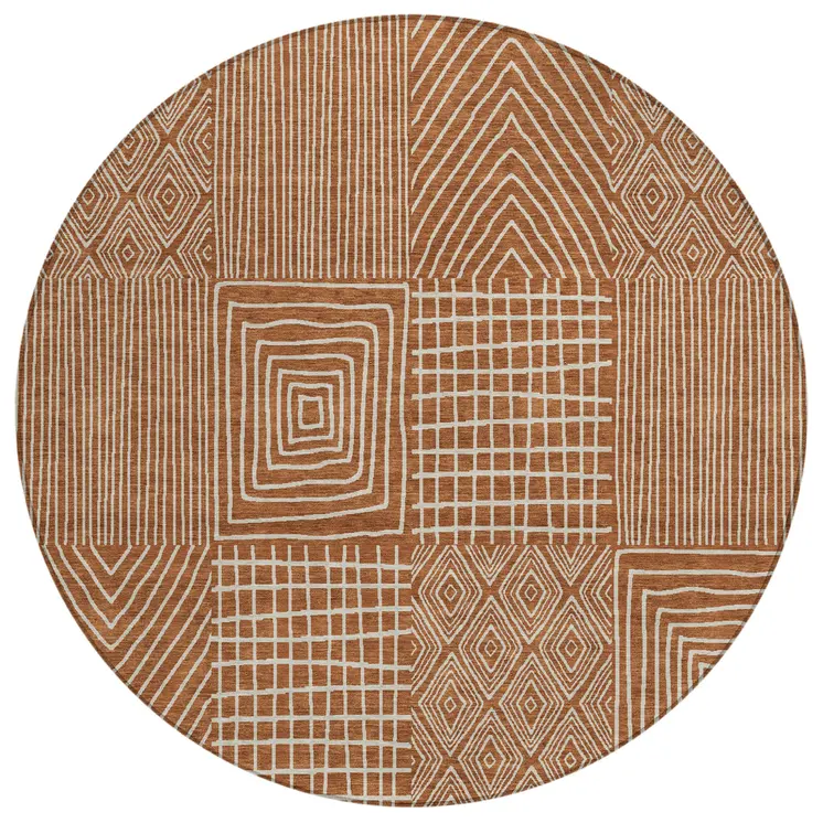 8' Brown And Beige Round Geometric Washable Indoor Outdoor Area Rug