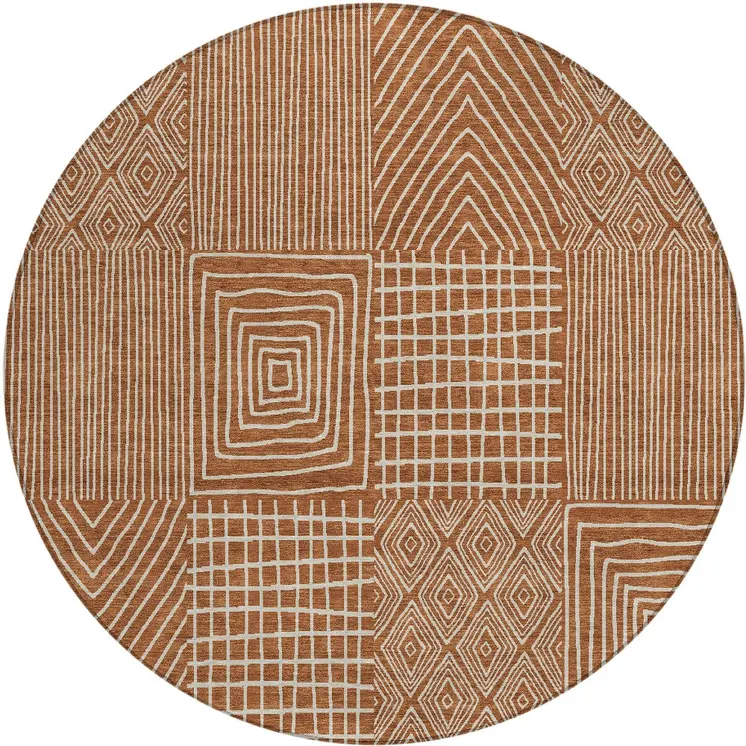 8' Brown And Beige Round Geometric Washable Indoor Outdoor Area Rug