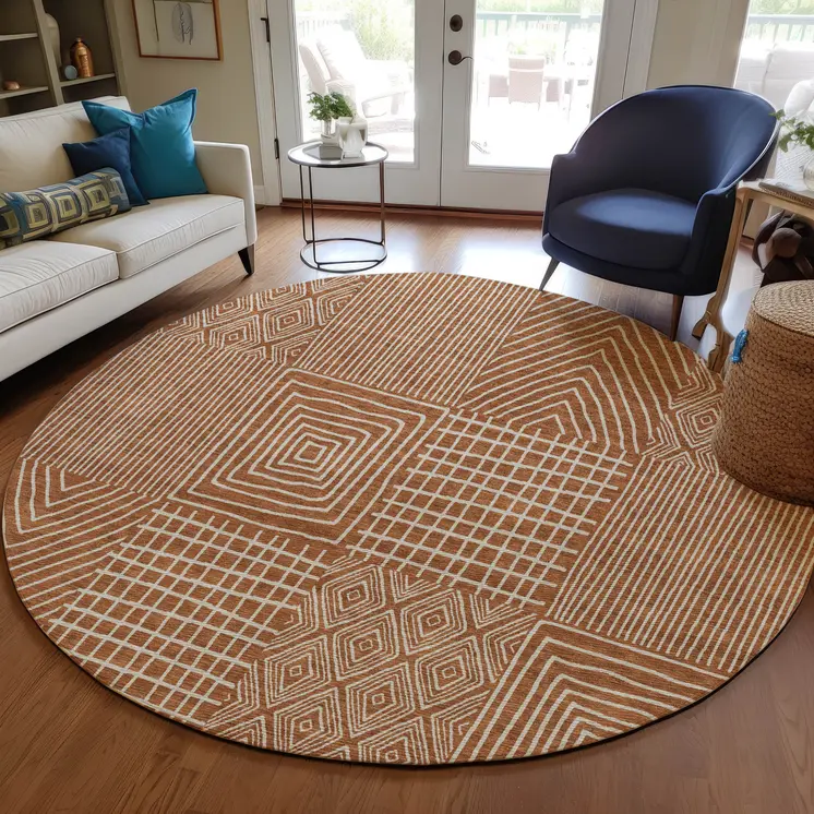 8' Brown And Beige Round Geometric Washable Indoor Outdoor Area Rug