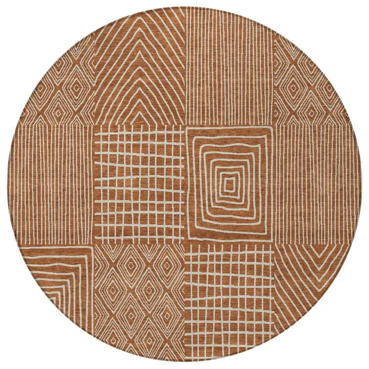 8' Brown And Beige Round Geometric Washable Indoor Outdoor Area Rug