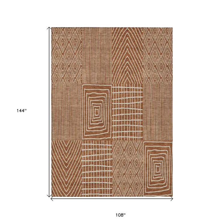 9' X 12' Brown And Beige Geometric Washable Indoor Outdoor Area Rug