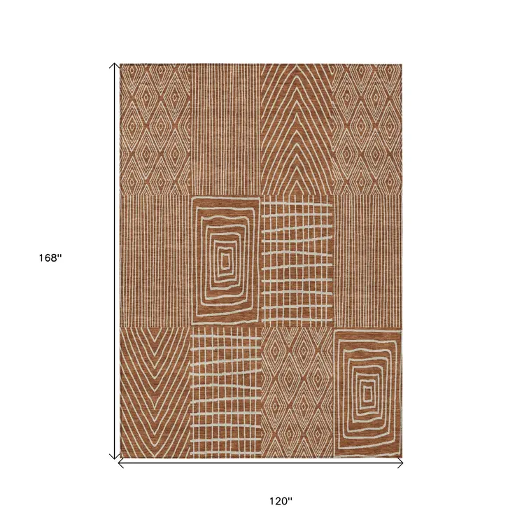 10' X 14' Brown And Beige Geometric Washable Indoor Outdoor Area Rug