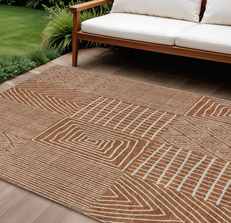 10' X 14' Brown And Beige Geometric Washable Indoor Outdoor Area Rug