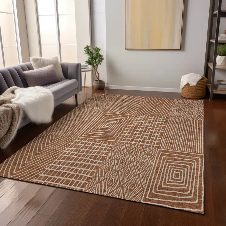 10' X 14' Brown And Beige Geometric Washable Indoor Outdoor Area Rug