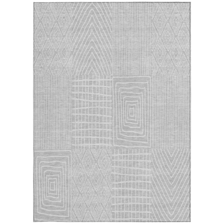 3' X 5' Silver And Ivory Geometric Washable Indoor Outdoor Area Rug