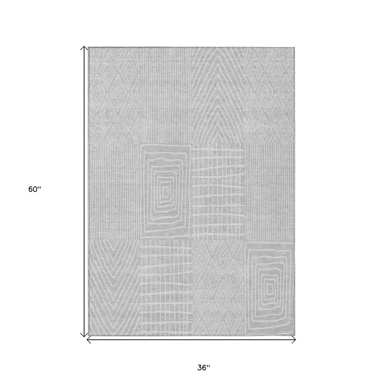 3' X 5' Silver And Ivory Geometric Washable Indoor Outdoor Area Rug