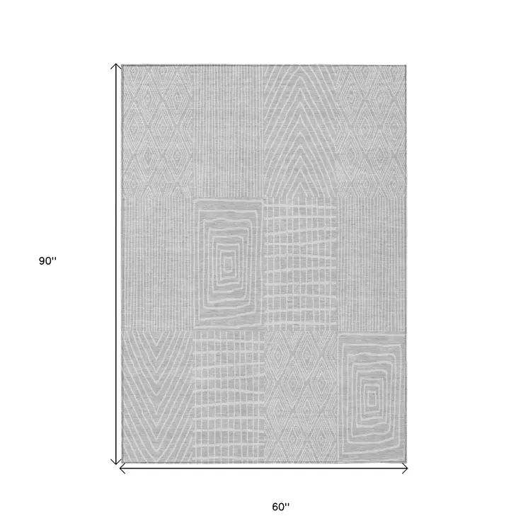 5' X 8' Silver And Ivory Geometric Washable Indoor Outdoor Area Rug