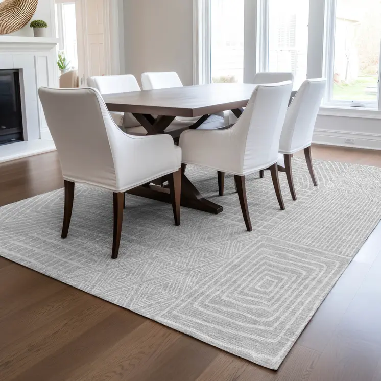9' X 12' Silver And Ivory Geometric Washable Indoor Outdoor Area Rug