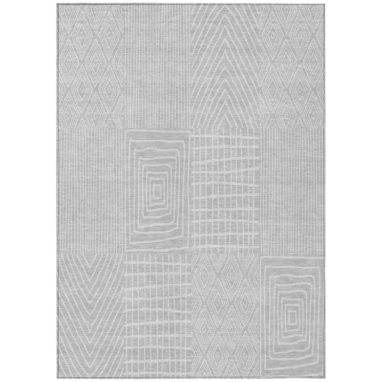 10' X 14' Silver And Ivory Geometric Washable Indoor Outdoor Area Rug