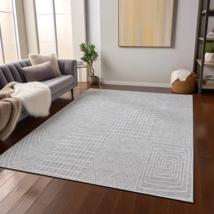 10' X 14' Silver And Ivory Geometric Washable Indoor Outdoor Area Rug