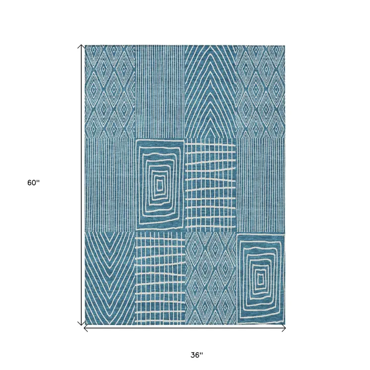3' X 5' Teal Blue And Ivory Geometric Washable Indoor Outdoor Area Rug