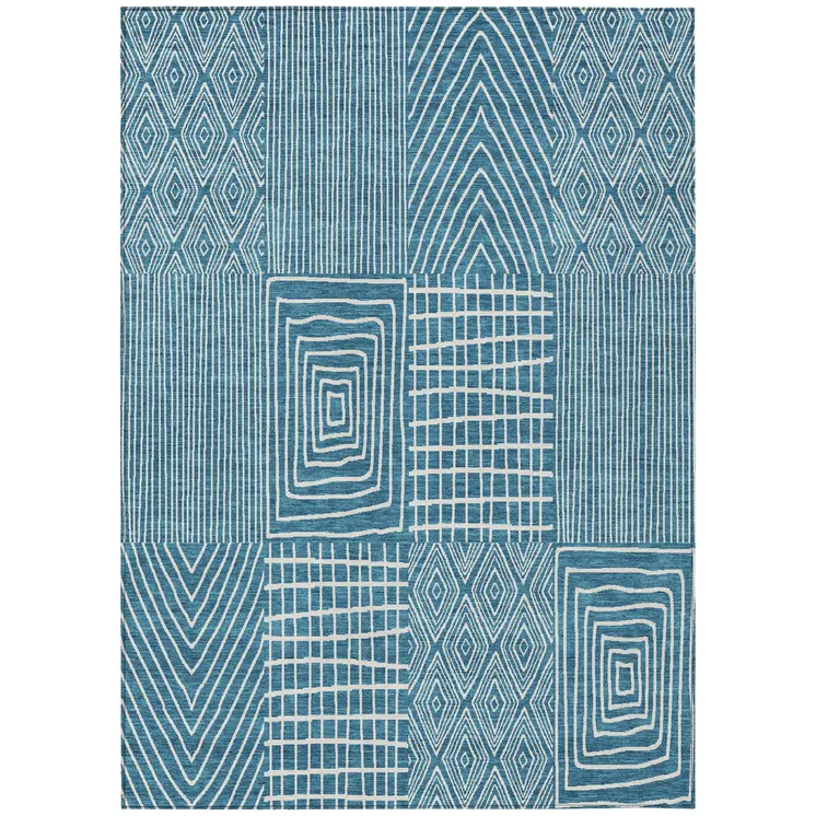 3' X 5' Teal Blue And Ivory Geometric Washable Indoor Outdoor Area Rug