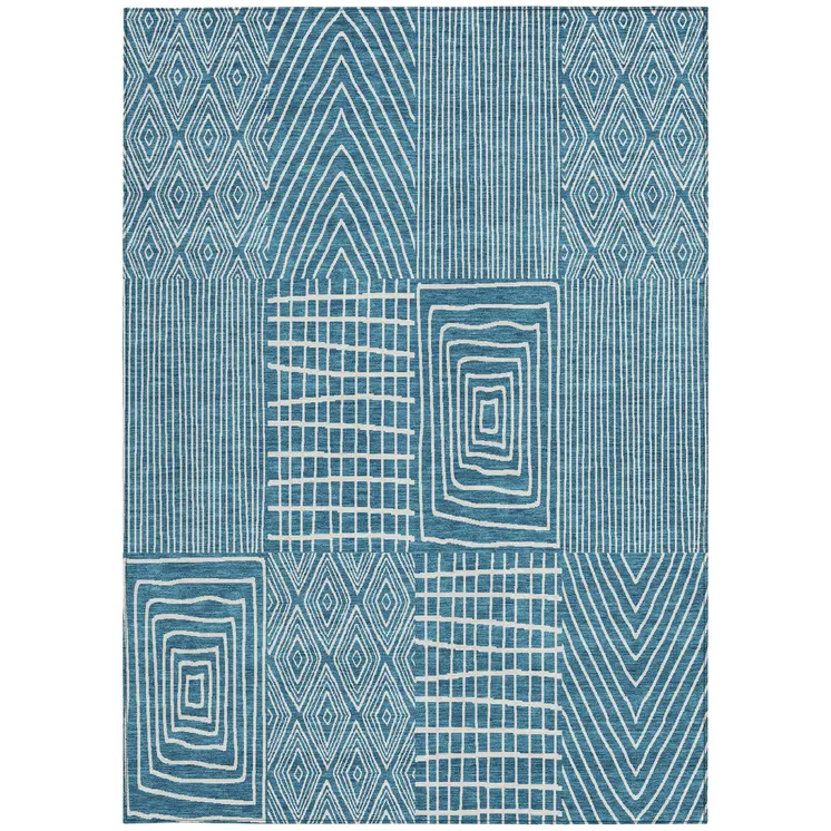 9' X 12' Teal Blue And Ivory Geometric Washable Indoor Outdoor Area Rug