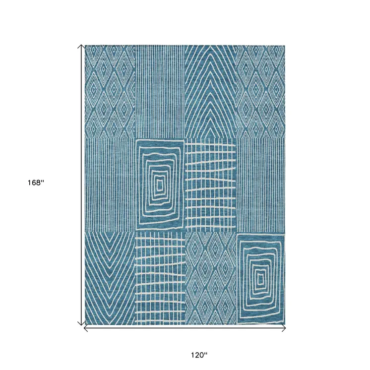 10' X 14' Teal Blue And Ivory Geometric Washable Indoor Outdoor Area Rug