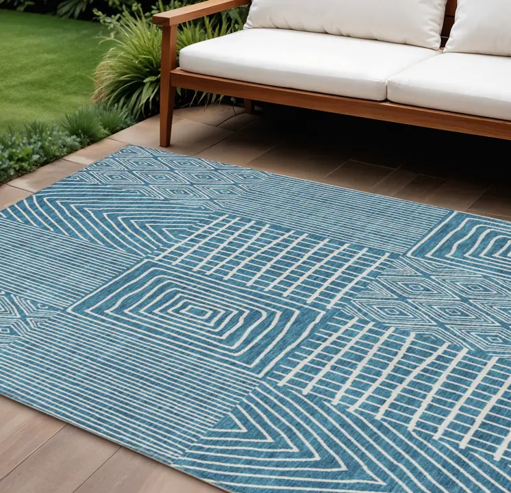 10' X 14' Teal Blue And Ivory Geometric Washable Indoor Outdoor Area Rug