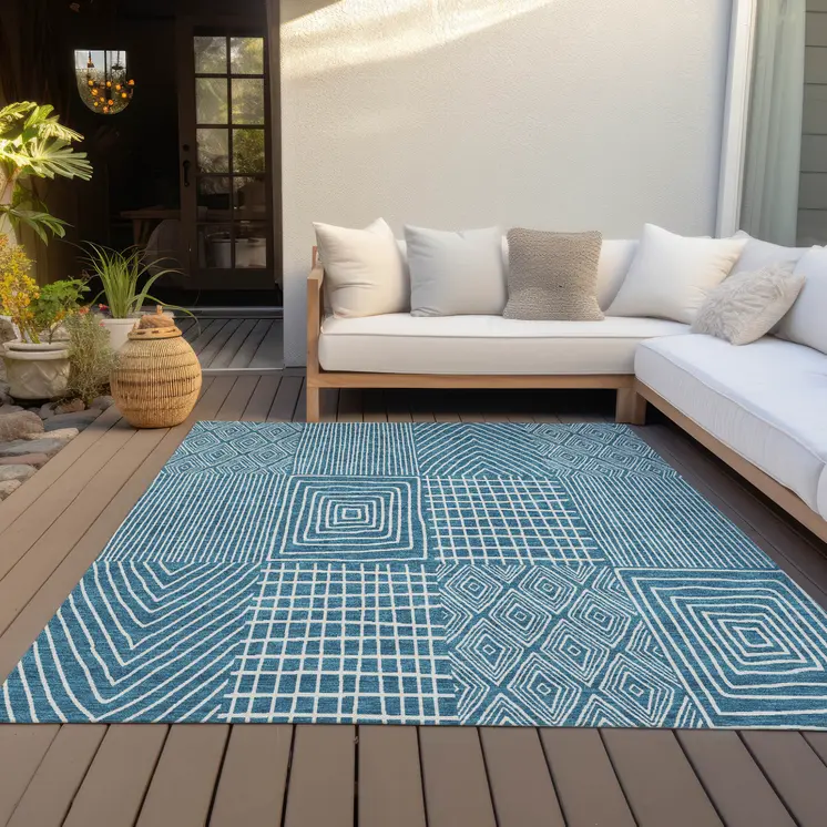 10' X 14' Teal Blue And Ivory Geometric Washable Indoor Outdoor Area Rug