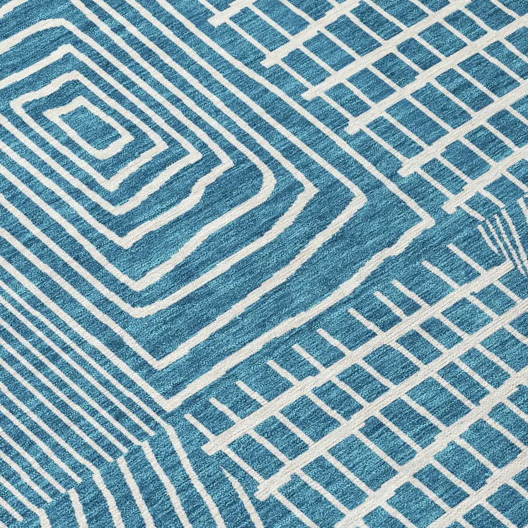 10' X 14' Teal Blue And Ivory Geometric Washable Indoor Outdoor Area Rug