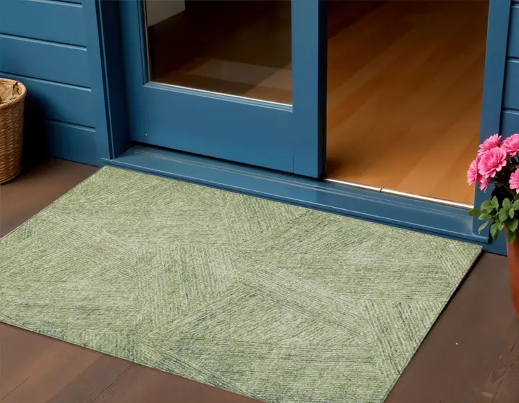 3' X 5' Artichoke Green And Ivory Abstract Washable Indoor Outdoor Area Rug