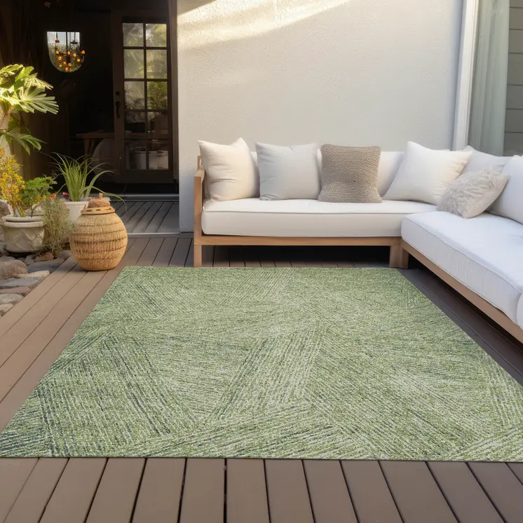 3' X 5' Artichoke Green And Ivory Abstract Washable Indoor Outdoor Area Rug