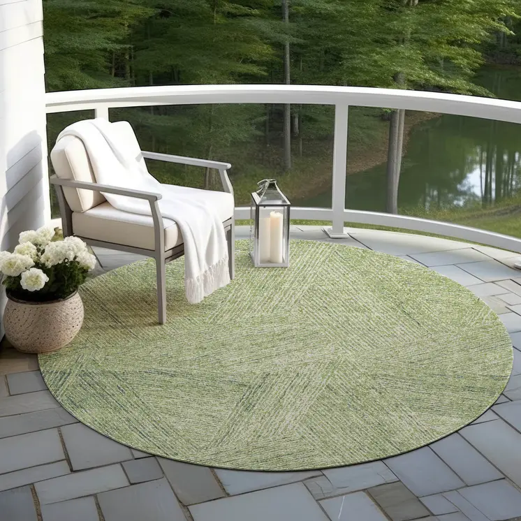 8' Artichoke Green And Ivory Round Abstract Washable Indoor Outdoor Area Rug