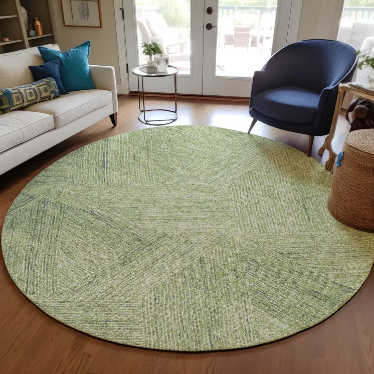 8' Artichoke Green And Ivory Round Abstract Washable Indoor Outdoor Area Rug
