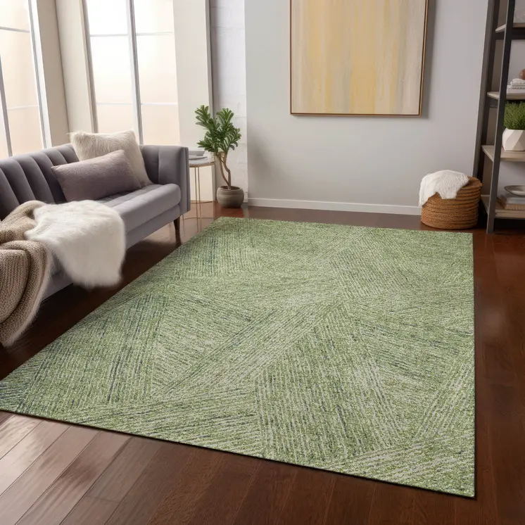 9' X 12' Artichoke Green And Ivory Abstract Washable Indoor Outdoor Area Rug