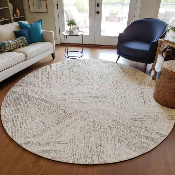 8' Beige And Brown Round Abstract Washable Indoor Outdoor Area Rug