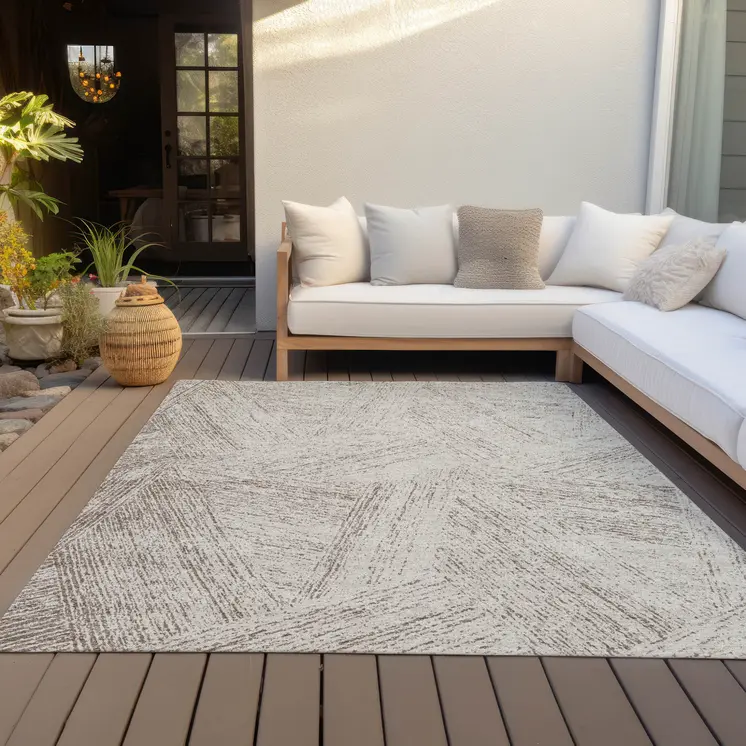 9' X 12' Beige And Brown Abstract Washable Indoor Outdoor Area Rug