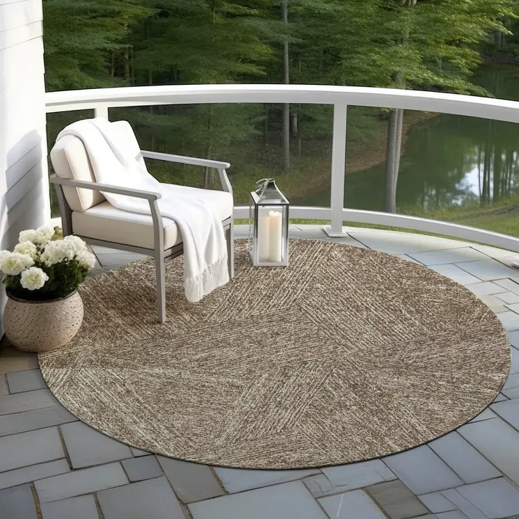8' Chocolate And Beige Round Abstract Washable Indoor Outdoor Area Rug